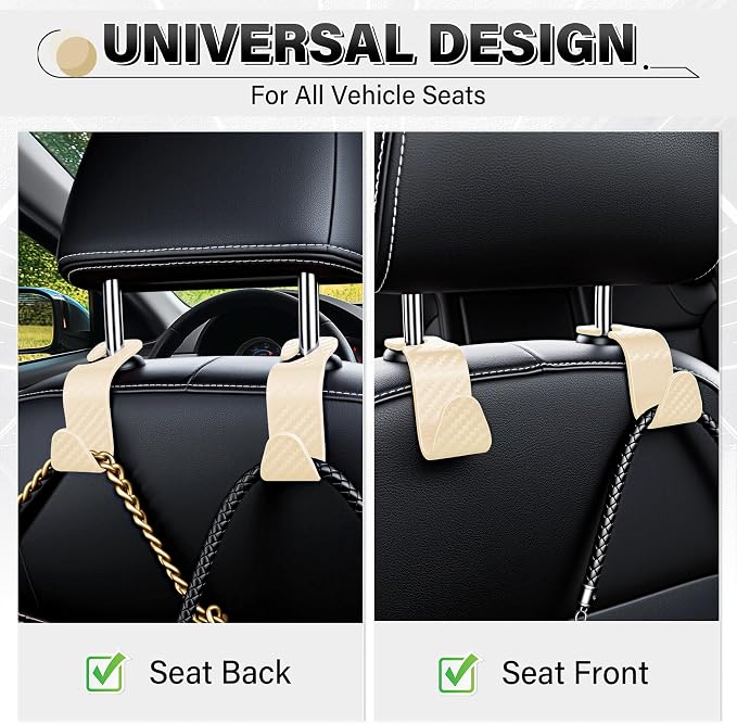 Universal 4 Pack Car Seat Headrest Purse Hook, Carbon Fiber Back Seat Hook Storage Organizer Hanger for Purse Handbag Coat, Car Interior Accessories(Beige)