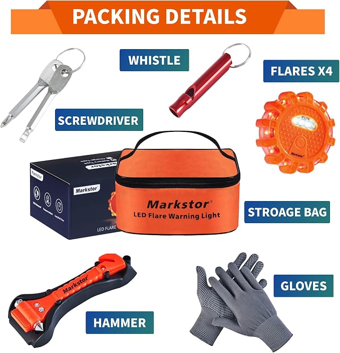 LED Road Flare Warning Light, Battery Powered Emergency Safety Kit with Hammer Whistle Gloves