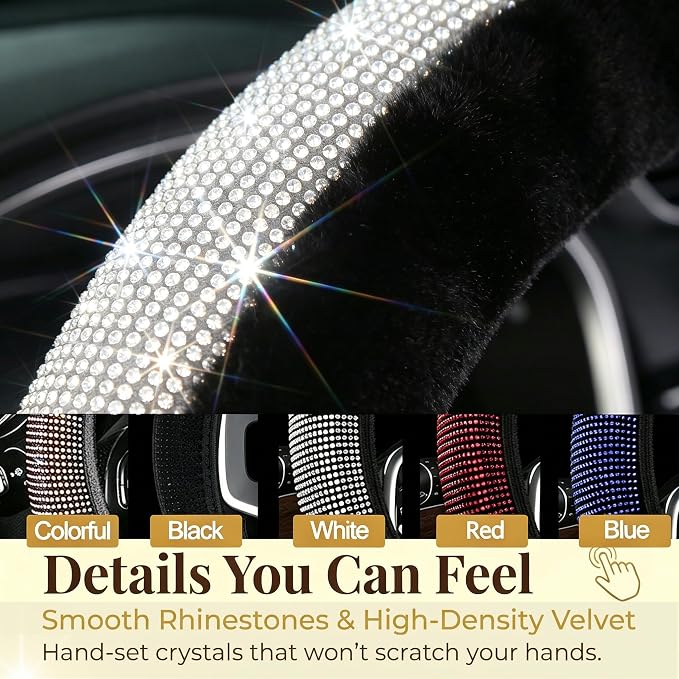 Bling Steering Wheel Cover Black Fluffy Rhinestone for Women Girls | White Diamond Elastic Car Steering Wheel Accessories Sparkling Fur Steering Wheel Protector Warm Universal Fit 14-15 inch