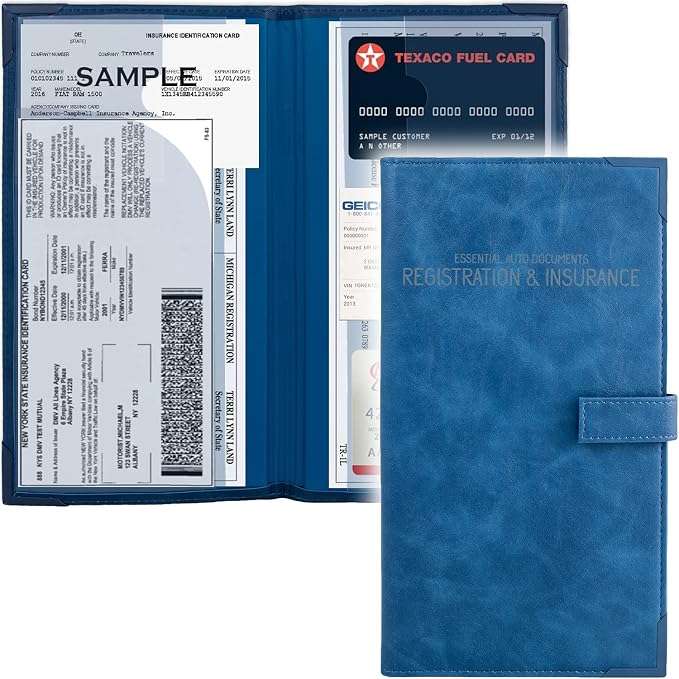 Registration and Insurance Card Holder - Car Organizer - Blue | Vehicle Glove Box Document Organizer, Auto Essential Paperwork Holder for Contact Information Cards, Interior Car Accessories