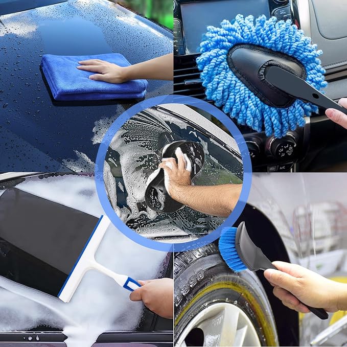 Car Wash Kit with High Power Handheld Vacuum Car Wash Detailing Mop kit | Car Cleaning Kit Detailing Brush Safety Hammer Car Wash Brush Microfiber Gloves Washing Sponge fo Car Washing Kit