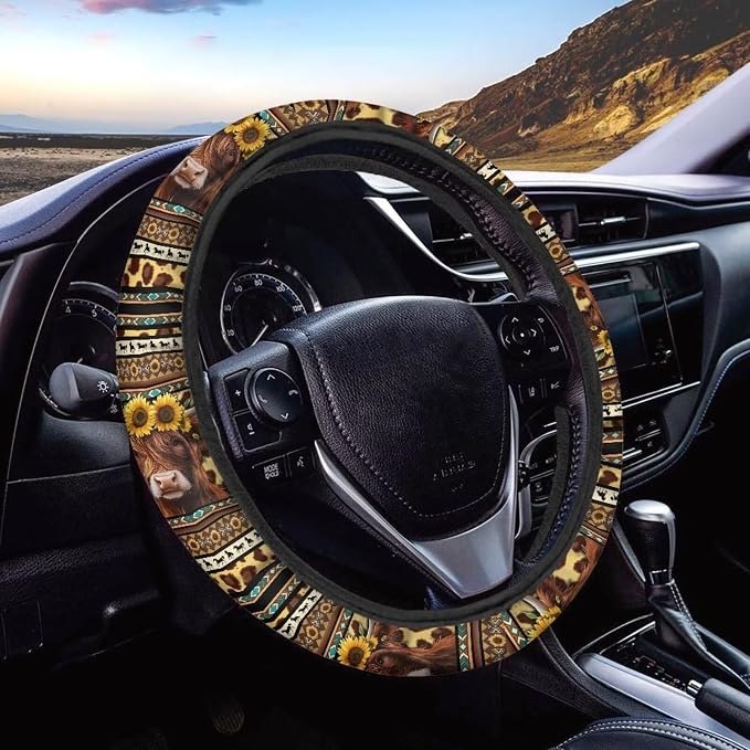 Aztec Highland Cow Sunflower Leopard Print Auto Car Steering Wheel Cover for Women Men, Universal 15 Inch Soft Elastic Anti-Slip Easy to Install Car Accessories