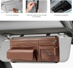 Car Sun Visor Organizer, Scratch-Resistant Auto Visor Glasses Storage Bag with Multi-Pocket Net Zipper, Waterproof Leather Sunshade Organizer Card Holder for Most Vehicles (Brown)