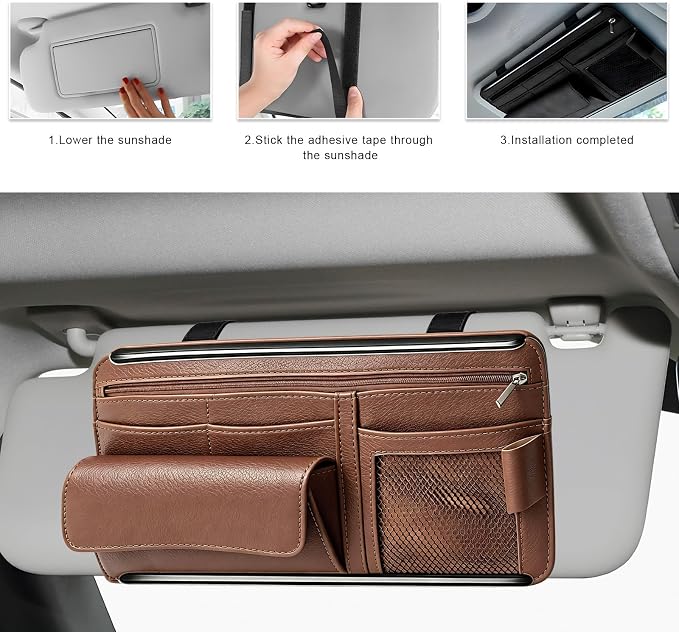 Car Sun Visor Organizer, Scratch-Resistant Auto Visor Glasses Storage Bag with Multi-Pocket Net Zipper, Waterproof Leather Sunshade Organizer Card Holder for Most Vehicles (Brown)