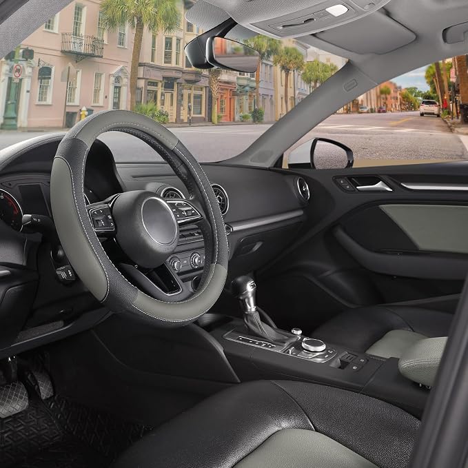 Car Steering Wheel Cover for Prius Civic Model 3 Model Y Camaro, Small Size 14-14.25 inch, Black and Gray Microfiber Leather