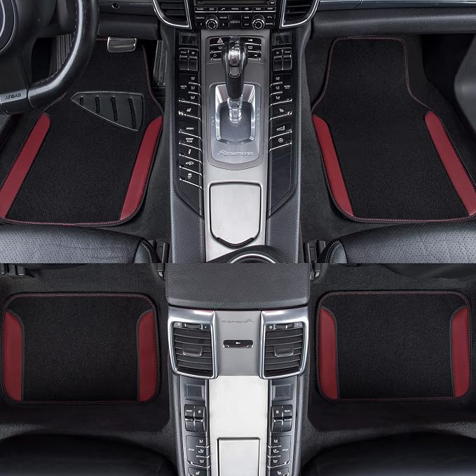 Waterproof Universal Fit Car Floor Mats, Car Mats Fit for SUV,Vans,sedans, Trucks,Set of 4pcs Car Carpet with Driver Heel Pad（Black and Burgundy）