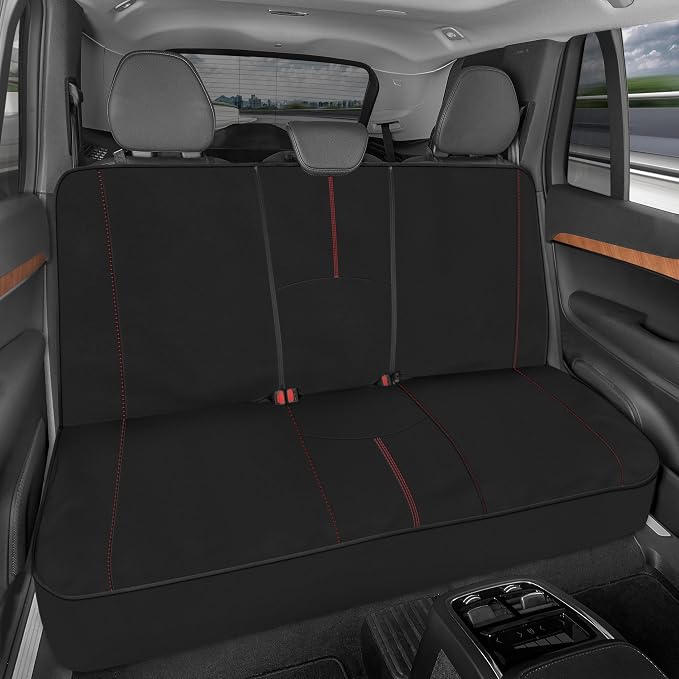 SpillGuard Waterproof Rear Bench Car Seat Cover, Red Stitching – Split Bench Rear Seat Protector with Neoprene Padding, Back Seat Cover for Kids & Dogs, Car Interior Covers