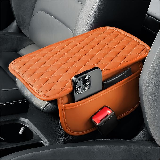 carleef Arm Rest Cover for Car,Leather+Memory Foam Center Console Cover with Storage Bags,Universal Middle Console Cover Car Accessories Interior for Most Cars Center Consoles (Orange)