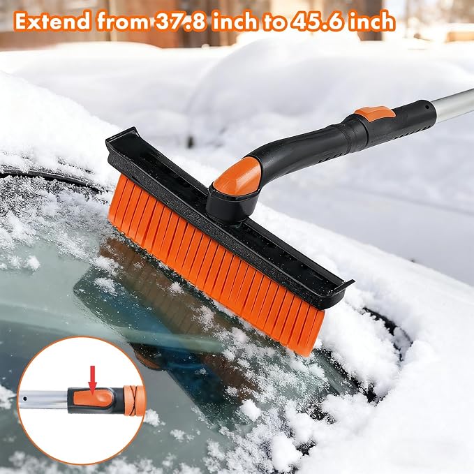 3 in 1 Silicone Snow Brush with Ice Scrapers, 39.37" Extendable Window Ice Removal with Squeegee for Windshield, 360° Pivoting Brush Head Cleaner Tool for Car, Truck, SUV