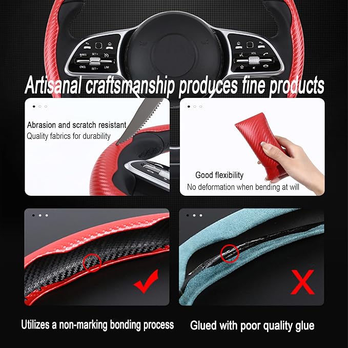 2Pc Carbon Fiber Steering Wheel Cover Universal Fit 99% Cars | Non-slip soft grip, easy to wipe clean, quick to install, perfect for daily commutes and road trips, Red