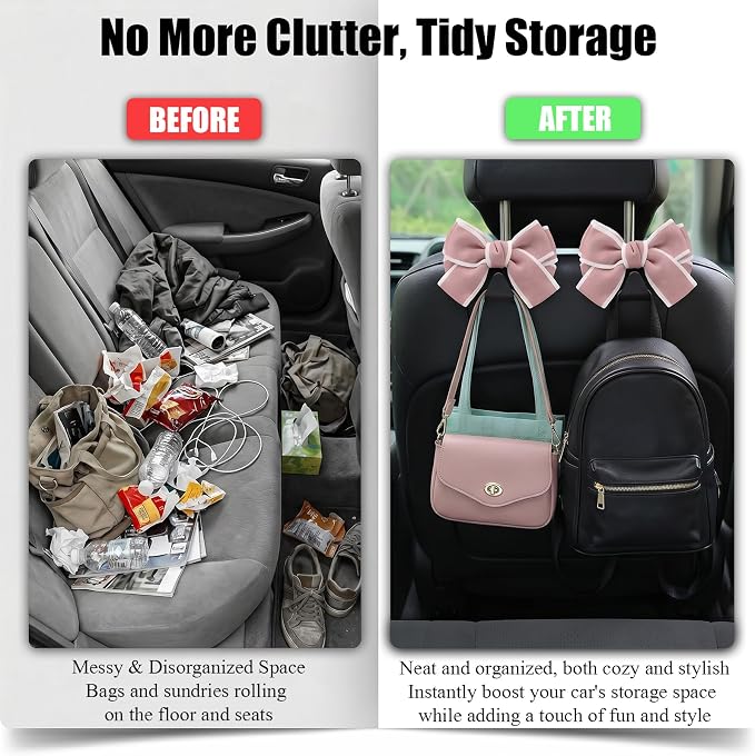 2 Pack Cute Bow Car Seat Headrest Hooks, Purse Hook for Car, Car Purse Hanger for Bags, Backseat Storage Organizer, Universal Vehicle Hooks for Women, Sedan SUV Truck, Pink