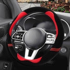 Furry Cute Soft Steering Wheel Cover 15 inch Black with Red | Fluffy Short Plush Car Accessories, Non-Slip Cold-Proof Sweat-Proof Colorfast, Universal 14.5 inch to 15 inch