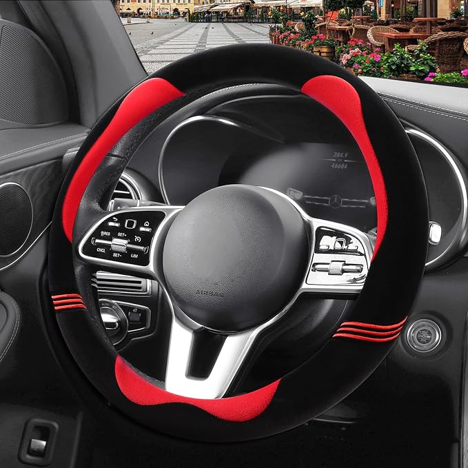 Furry Cute Soft Steering Wheel Cover 15 inch Black with Red | Fluffy Short Plush Car Accessories, Non-Slip Cold-Proof Sweat-Proof Colorfast, Universal 14.5 inch to 15 inch