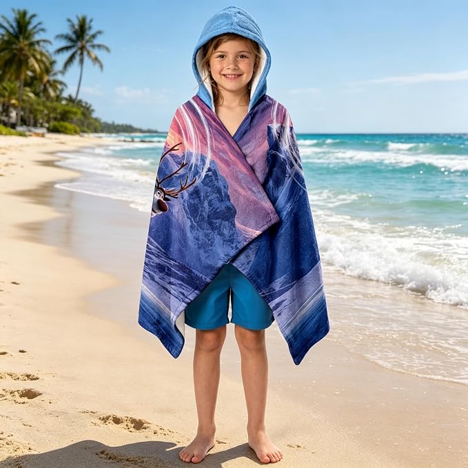 Frozen Printed Soft Cotton Terry Hooded Towel Wrap, Absorbent Hooded Poncho Towel for Bath Pool Beach, 28 in x 55 in