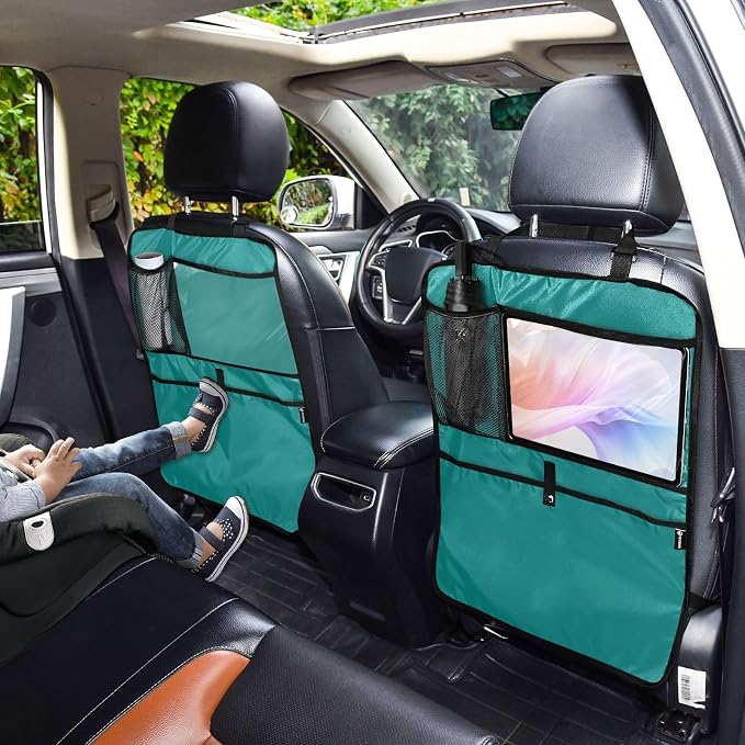Teal Green Seat Back Organizer Car Kick Mats with Pockets Protector, 2 Pack Car Seat Protector for Child Car Seat