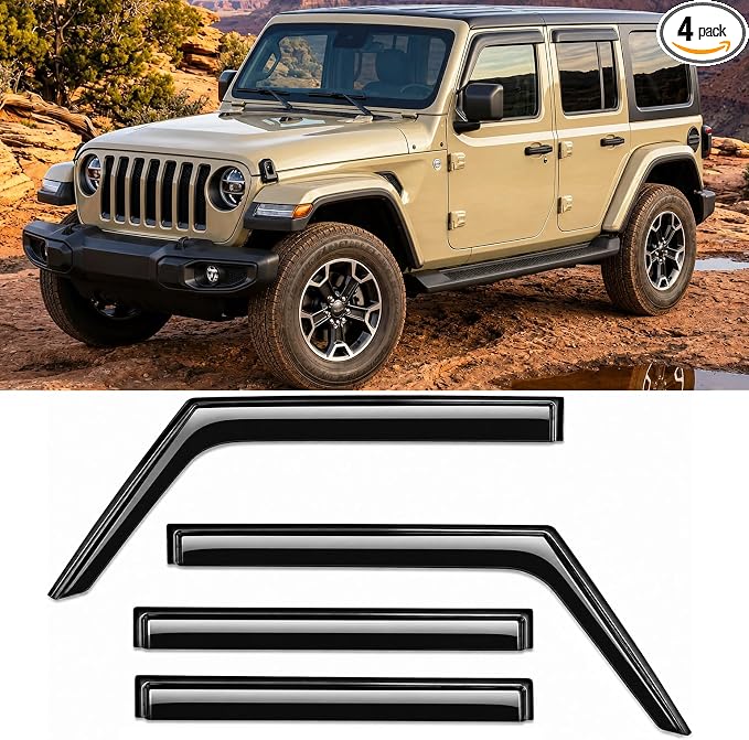2018-2026 Tape-On Side Window Deflector Visors for Jeep Wrangler JL Unlimited 4 Door & for Jeep Gladiator JT 2020-2026 Smoke Tinted Rain Guards