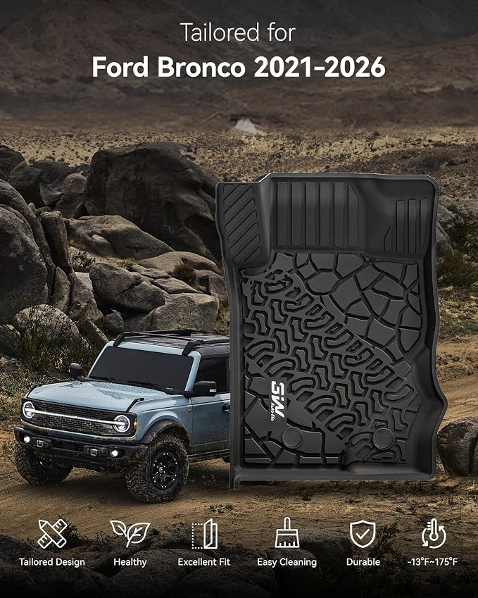 3W Floor Mats Fit for 2021-2025 2026 Ford Bronco 4-Door, All Weather TPE Custom Fit Bronco Floor Liners Car Accessories (Not Fit Sport & Vinyl Floor)