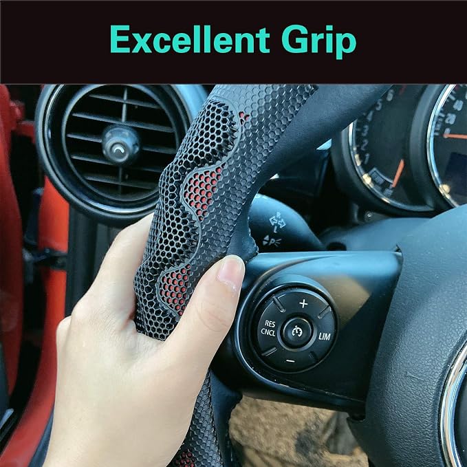 D Shaped 14 Inch Small Sized Steering Wheel Cover Great Grip with 3D Honeycomb Anti-Slip Design, Flat Bottom 14 Inch (Wine Red)