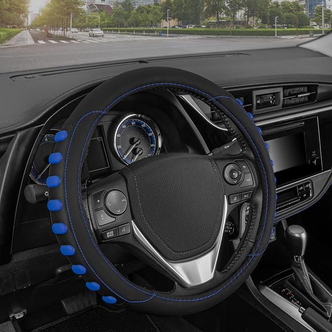FlexGrip Blue Steering Wheel Cover for Cars – Standard 15 inch Car Steering Wheel Cover, Steering Wheel Protector for Auto Truck Van SUV