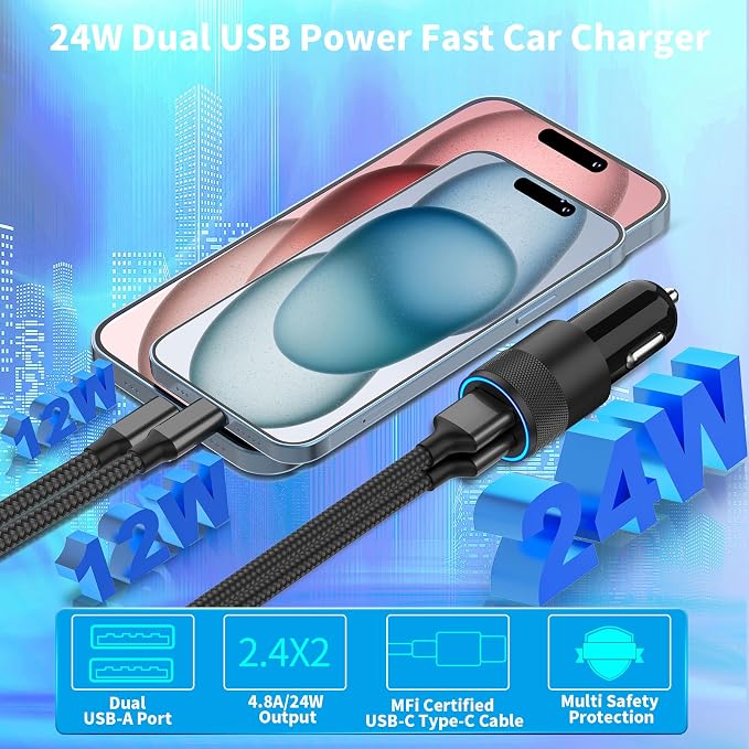 [Apple MFi Certified] iPhone 17 Car Charger Fast Charging, 2Pack 4.8A USB Power Cigarette Lighter USB-C Car Charger + Type-C Braided Cord for iPhone 17/17 Pro Max/16/15/Galaxy/S26/S25/Pixel