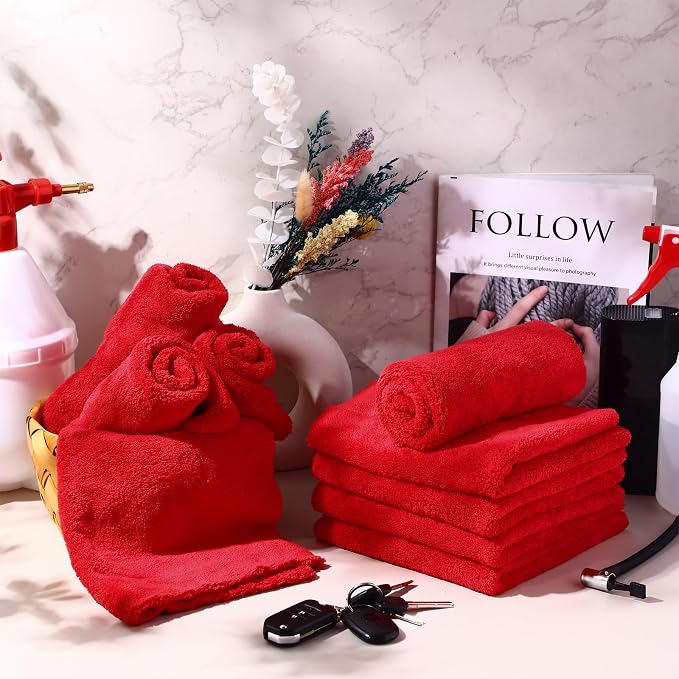 30 Pcs 16 x 16 Inch Edgeless Microfiber Plush Towels for Cars Detailing Drying Wash Polishing Absorbent Cleaning Cloths, 500 GSM (Red)