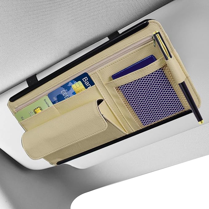Car Visor Organizer, Leather Multi-Pocket Auto Sun Visor Storage Pouch with Sunglasses Holder, Card Holder, Zipper Pocket, Net Pocket, Pen Slot, Universal Interior Car Accessories (Beige)