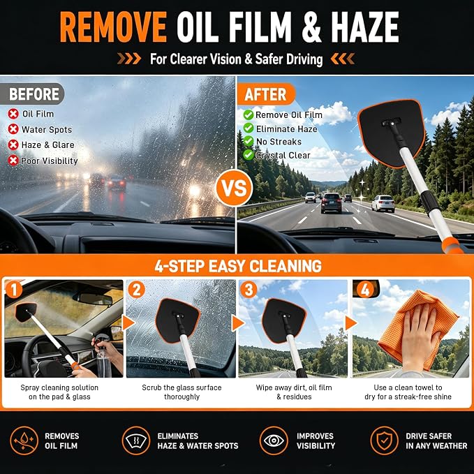 XINDELL Windshield Cleaner Tool, Extendable Car Window Cleaning Kit with 360° Rotating Head, Interior Exterior Glass Cleaner for Cars Trucks SUVs, 10PCS with 3 Pads, Towels, Brushes & Bag | 360° Head, Extendable Handle, 3 Pads, 2 Brushes, 3 Towels, Spr...