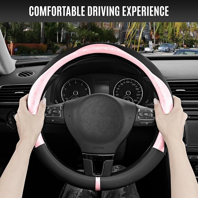 Steering Wheel Cover, Pink Patterned & Black Leather Patchwork Design, Universal Fit 14.5"–15.5", Anti-Slip, Odor-Free, Soft PU Grain Leather, Durable Grip Car Accessory for Girls & Women