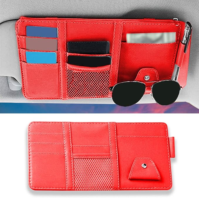 1 Pack Car Sun Visor Organizer, Sunglasses Holder for Car Sun Visor, Auto Interior Accessories Pocket Organizers Can Store for Sunglasses, Documents, Cards, Pen, Drivers License (Red)
