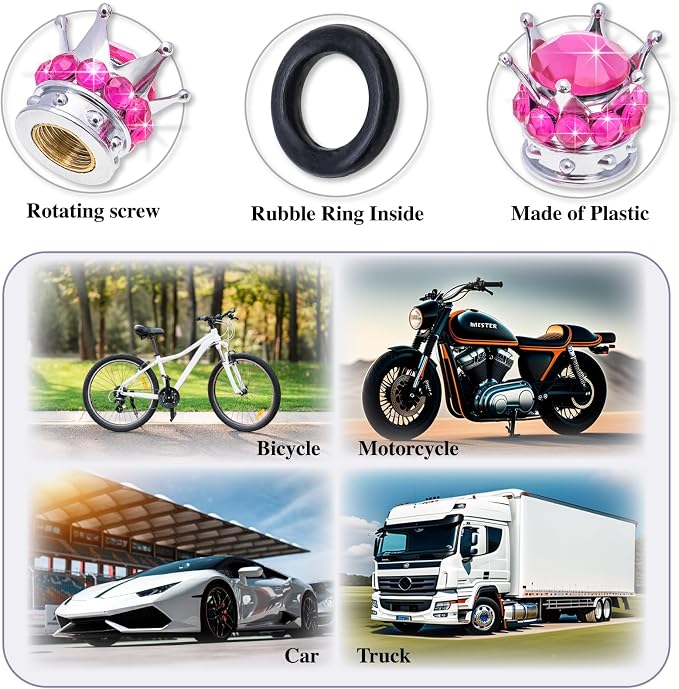 4PCS Crown Bling Tire Stem Valve Caps, Crystal Diamond Car Wheel Tire Valve Caps Universal Copper Core Stem Covers for Cars, SUV, Trucks, Bikes, Motorcycles, Bicycles (Silver & Rose Red)