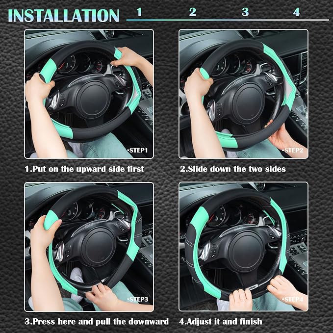 Line Rider Microfiber Leather Sporty Steering Wheel Cover Universal Fits for 95% Truck,SUV,Cars, 14.5-15 inch Anti-Slip Safety Comfortable Design (Black Mint Blue)