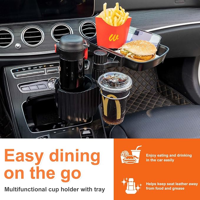 Car Large Cup Holder Expander, 3-in-1 Cupholder Extender with Swivel and Detachable Snack Food Tray Table for Eating, Travel Essentials for Road Trips for Driver. Model A