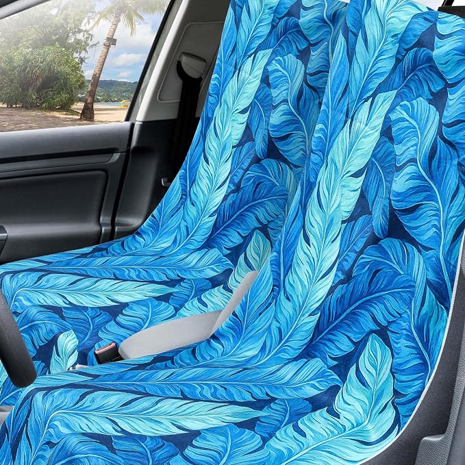 Car Seat Towel Covers with Storage Bag, 63 x 32 Inch Universal Non Slip Waterproof Sweat Protector for Car Truck, Gym Swimming Running, Machine Washable(2 Pack,Blue Leaves)