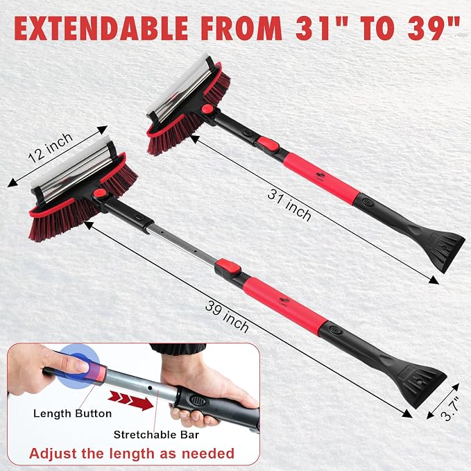 39" Extendable Car Snow Brush and Ice Scraper, Windshield Window Ice Snow Removal Snow Broom with Foam Grip 180° Pivoting Brush Head Snow Scraper for Car Auto Truck SUV