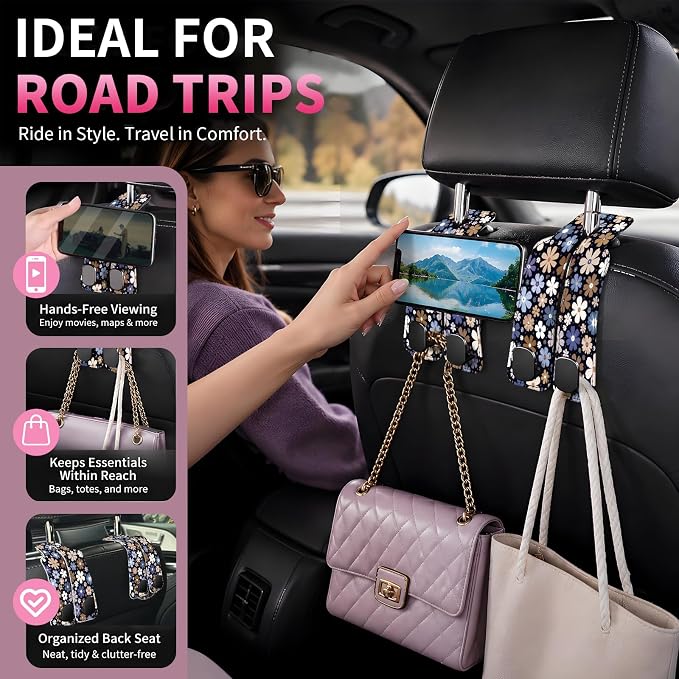 Car Seat Back Storage Hook, Funny Car Purse Hook, Cute Vehicle Storage Organizer for Purses Handbags Cute Daisy Floral