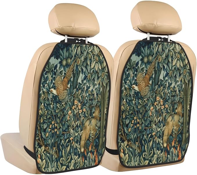 William Morris Greenery Forest Animals Pheasant Fox Blue Green Floral Car Seat Back Kick Protectors Kick Mats With Storage Pockets For Vehicles To Protect From Dirt Mud Scratches 2 Pack