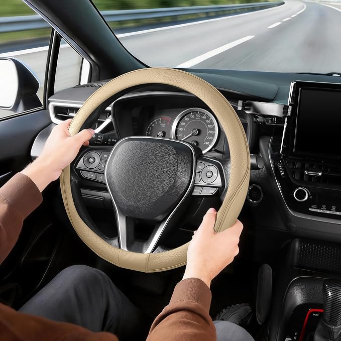 Steering Wheel Cover 14.5-15 inch (37-39 cm) Medium Size, Microfiber Leather, Non-Slip Comfortable Grip, Fits Cars Trucks SUVs, Beige