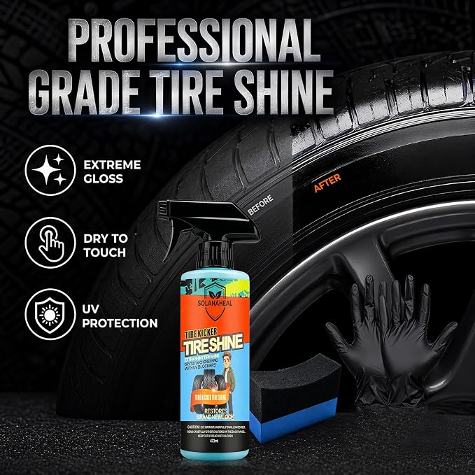 Tire Kicker Tire Shine Spray, Dry-to-Touch Tire Dressing with UV Blockers, High Gloss Tire Shine Kit with Applicator Sponge & Gloves, for Cars, Trucks, SUVs, Motorcycles & RVs