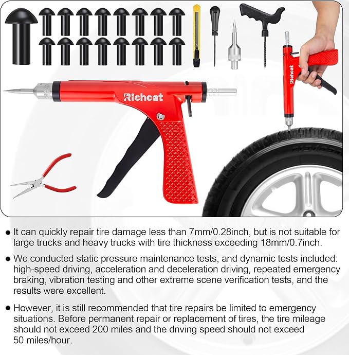 Tubeless Tire Puncture Repair Kit with Mushroom Plug, Repairs punctures and Flat Tires for Motorcycles, Cars, Trucks, ATVs,Gun Puncture Repair Kit
