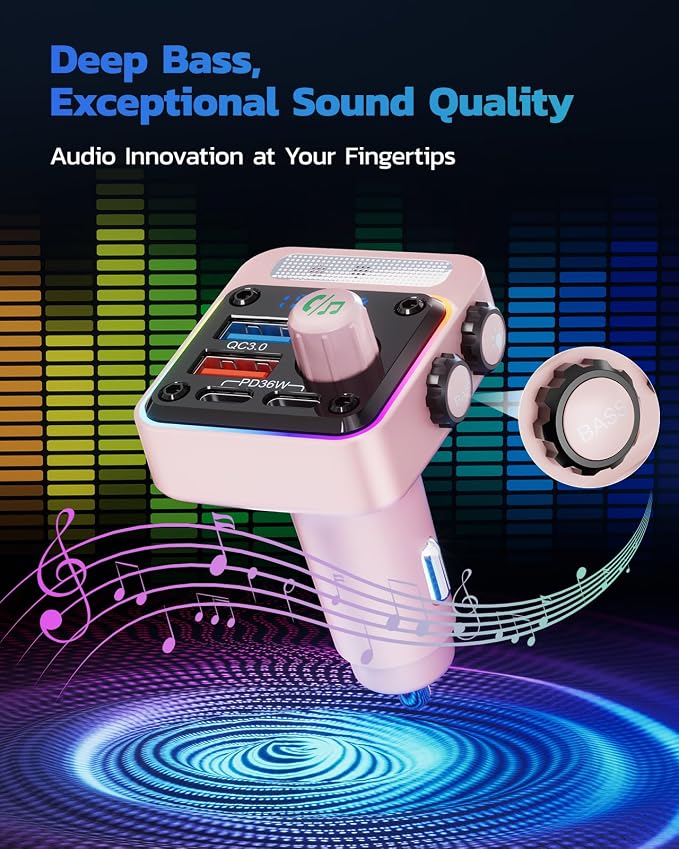 54W Bluetooth 5.3 Car Adapter with 4 Charging Ports [PD 36W & QC3.0 18W], Wireless Radio FM Transmitter with Deep Bass Player & 5 Colors LED Backlit, Hands-Free Calling - Pink