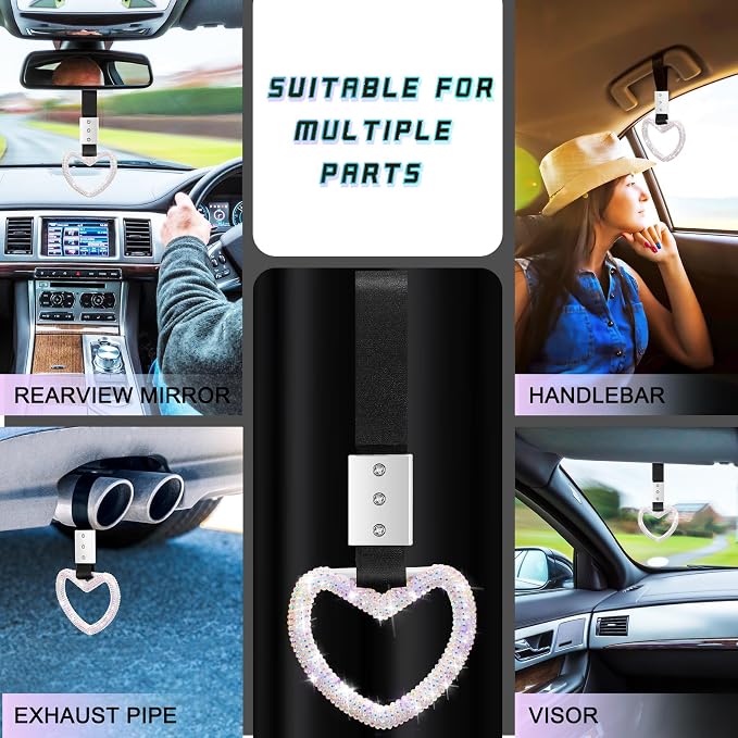 Bling Car Accessories Bling Heart Handle Ring Car Accessory for Women Hearts Hand Strap Drift Charm Rear Bumper Warning Ring Decor for Auto Interior Exterior Decoration(Colorful,Heart Style)