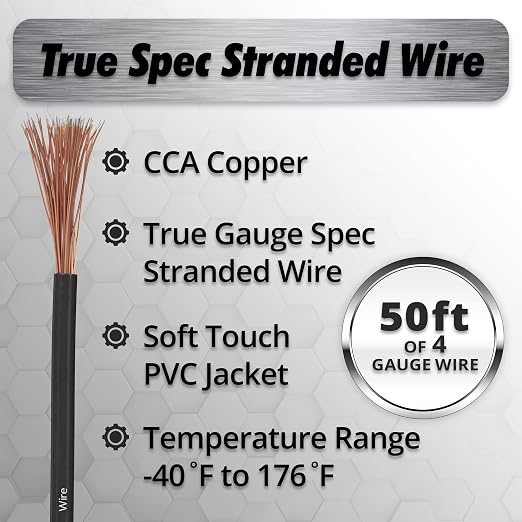 4 Gauge Copper Clad Aluminum Wire - 50 Ft 4GA Power Ground Cable for Car Audio, Battery, RV, Trailer and Automotive Wiring - Flexible Car Amplifier - Black