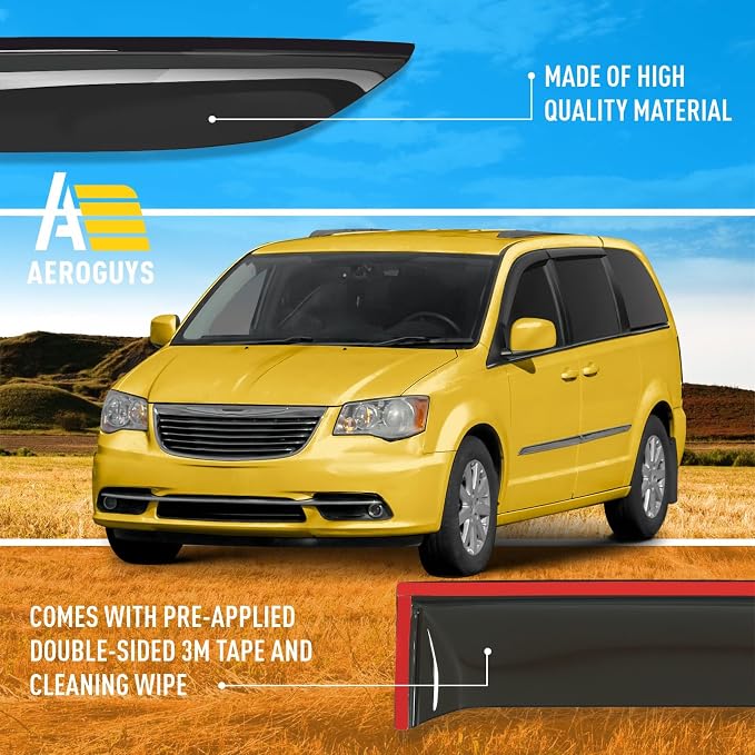 Extra Durable Window Deflectors Tape-On Window Visors Rain Guards Fit for Chrysler Town and Country 2008-2016, Sun Visors, Wind Vent for Shades, Exterior Car Accessories - 4pcs. AG0196