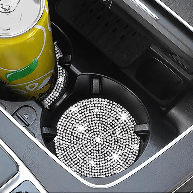 4 Pack Bling Car Coasters, Car Cup Holder Coaster, Rhinestone Coaster for Cup Holders, Silicone Car Coasters for Women Car Interior Accessories (2.75'' White Crystal Circle)