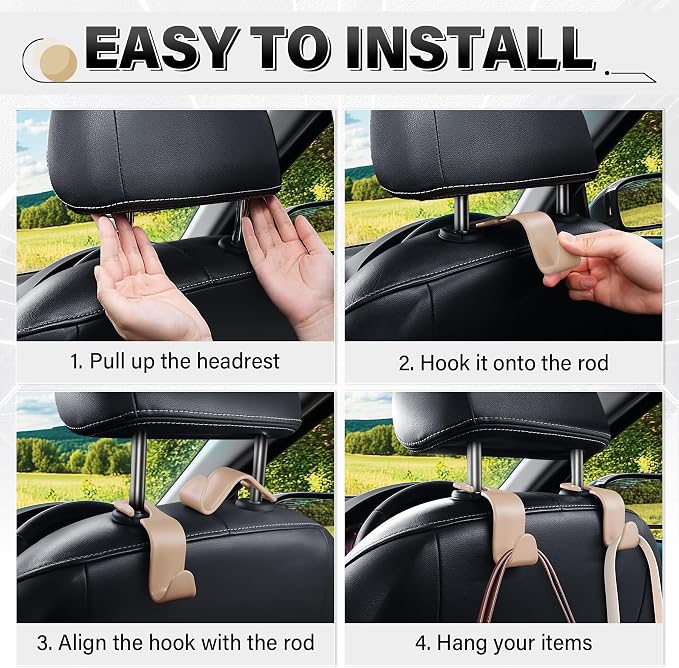 4 Pack Car Seat Headrest Hooks, Vehicle Back Seat Hanger Storage Organizer for Purse Handbag Backpack Coat Grocery, 360° Rotating Heavy Duty Holds 44lbs, Beige