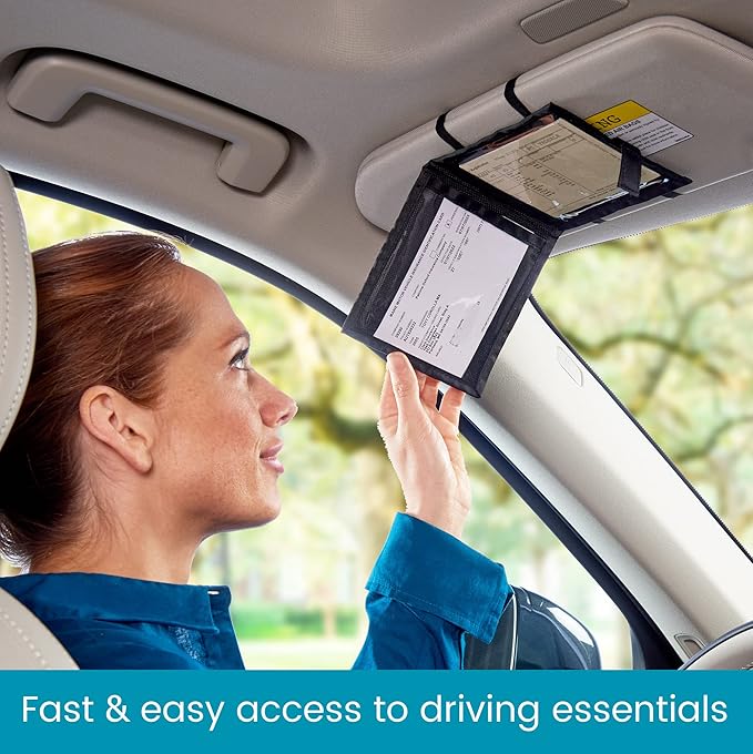 Car Registration and Insurance Card Holder for Sun Visor, Glove Box or Console with 2 Clear Hidden Car Document Pockets and Front Mesh Card Pocket
