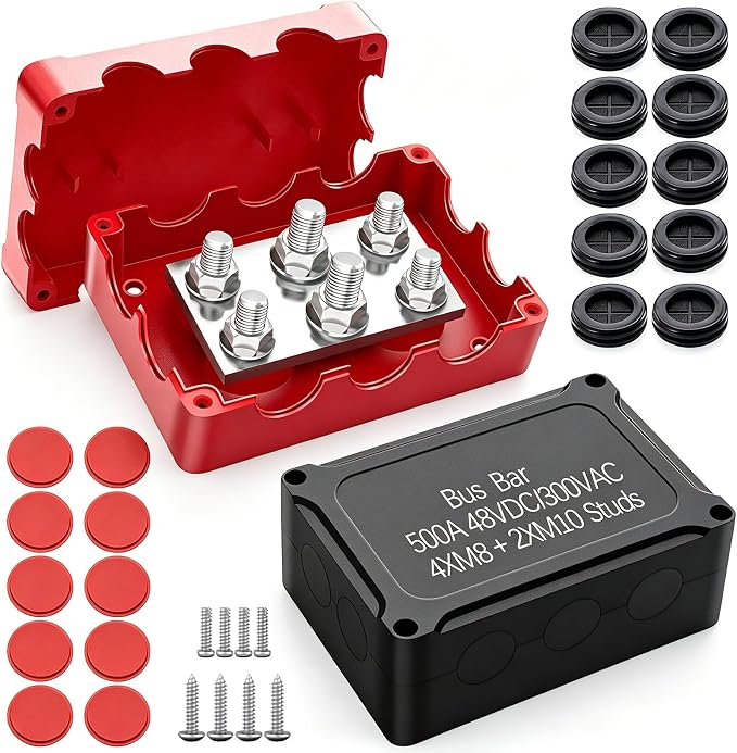 500A Marine Bus Bar Heavy Duty Power Distribution Block, Battery Busbar, Waterproof Automotive Buss Bar with 4X 5/16" (M8) +2X 3/8" (M10) Studs for Car, Boat and Solar Wiring (Black+Red)