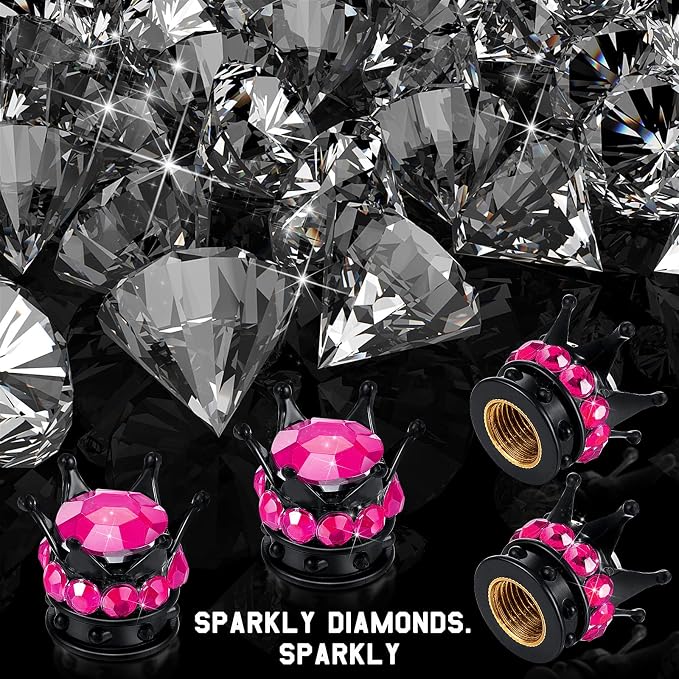 4 Pieces Crown Tire Valve Stem Caps Bling Handmade Crystal Rhinestone Universal Chrome Crown Vehicle Car Tire Caps Covers, Attractive Accessories for Car (Rose Red)