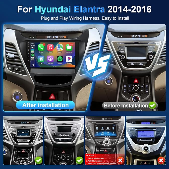 4+64G Android 13 Car Radio for Hyundai Elantra 2014 2015 2016 Stereo Replacement with Wireless Carplay Android Auto, 9'' Touch Screen Built-in Bluetooth GPS Navigation WiFi Backup Camera Mic