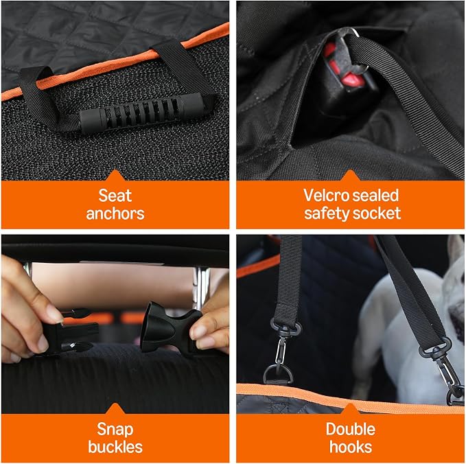 Dog Car Seat Cover for Back Seat, Scratch-Resistant Nonslip Hammock with Side Flaps and Seatbelt Openings for Cars, SUVs, and Trucks, Black